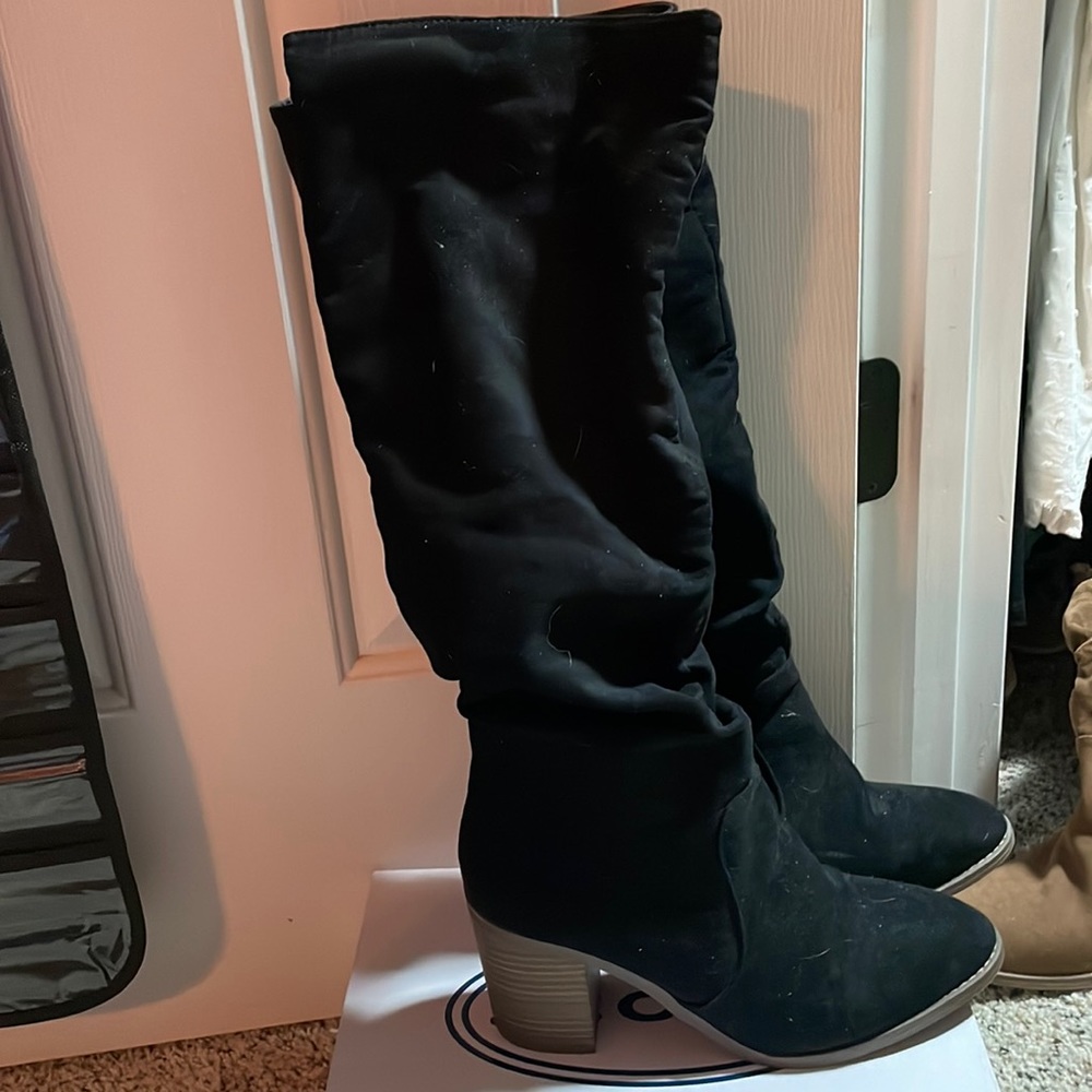Tall suede black wide calf boot